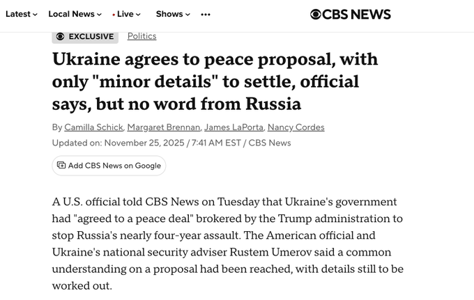 Illustrative photo for: Ukraine peace agreement nears final stage, CBS reports