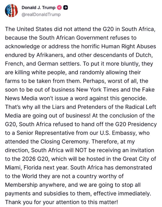 Illustrative photo for: SA human rights issues: U.S. Excludes South Africa from G20