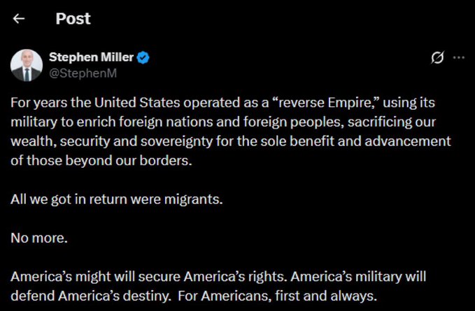 Illustrative photo for: Stephen Miller Declares U.S. No Longer a Reverse Empire — U