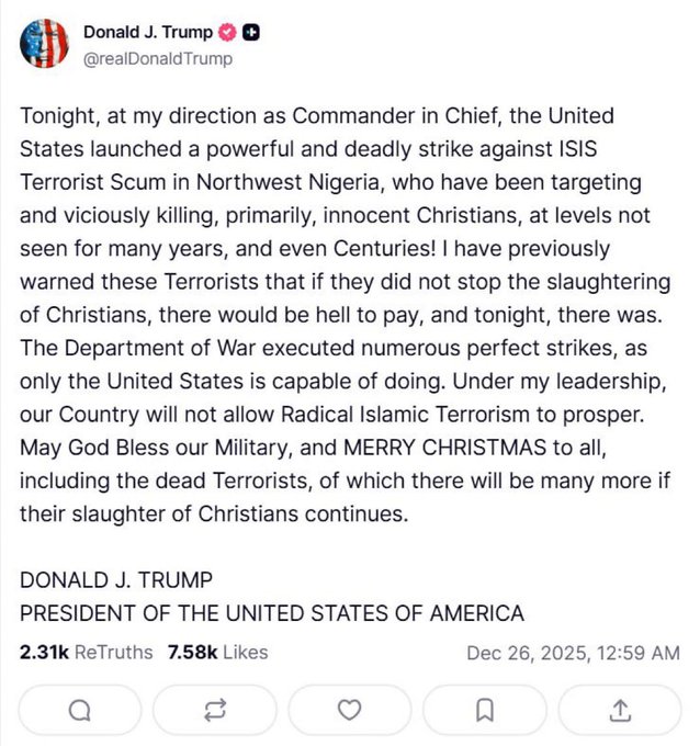 Illustrative photo for: Trump Announces US Airstrikes Nigeria in Response to