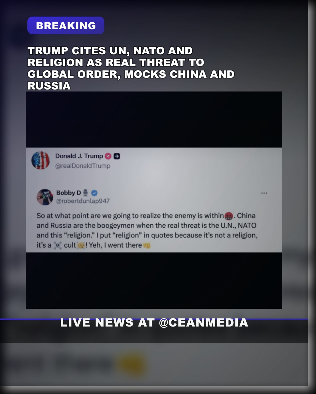 Illustrative photo for: Trump Reposts Claim: China, Russia Less Threatening Than