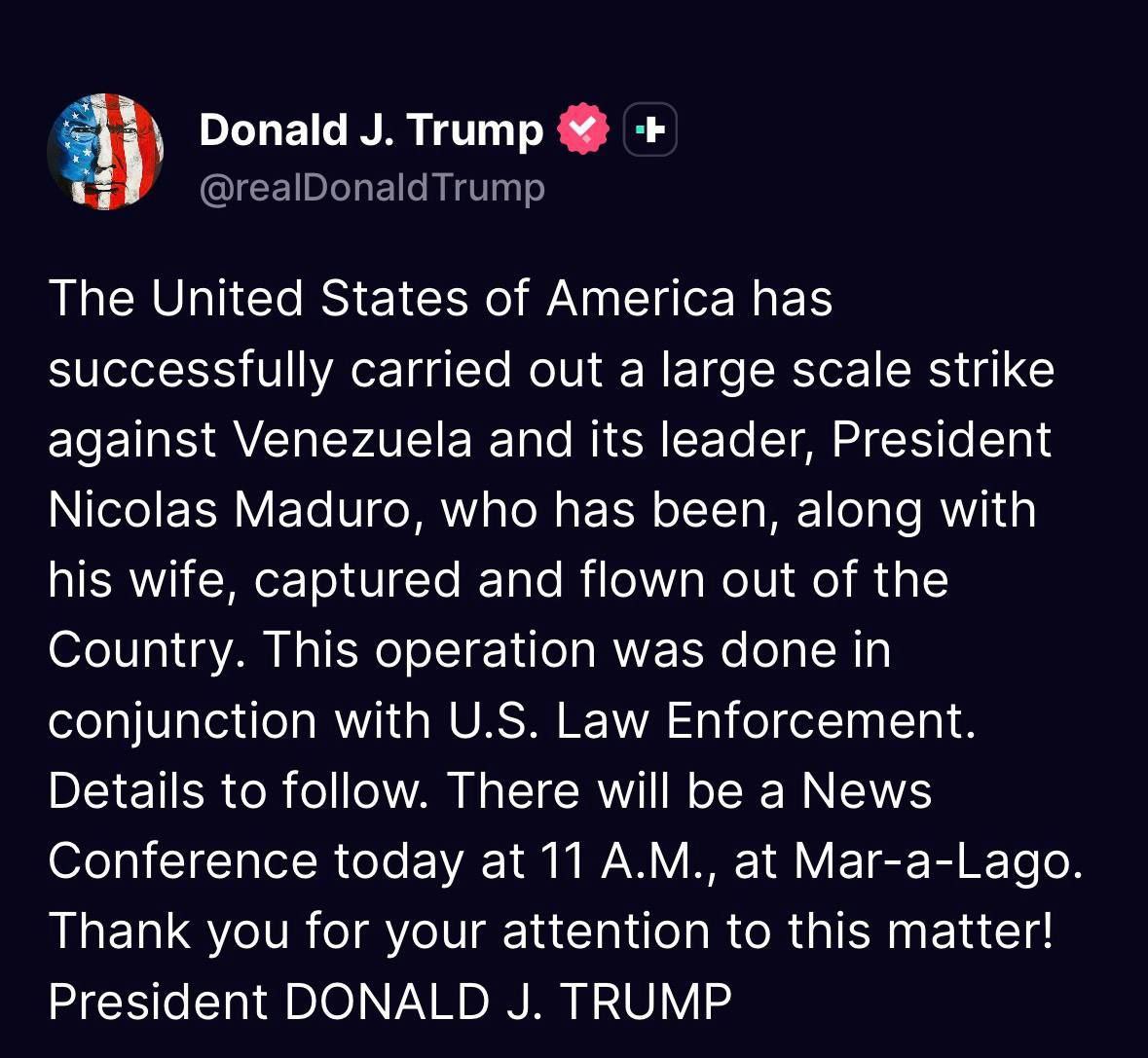 Illustrative photo for: Breaking: Trump Claims U.S. Venezuela strike Captured