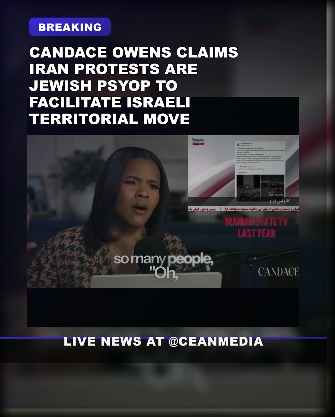 Illustrative photo for: Candace Owens Claims Iran Protests Are a Jewish Psyop —