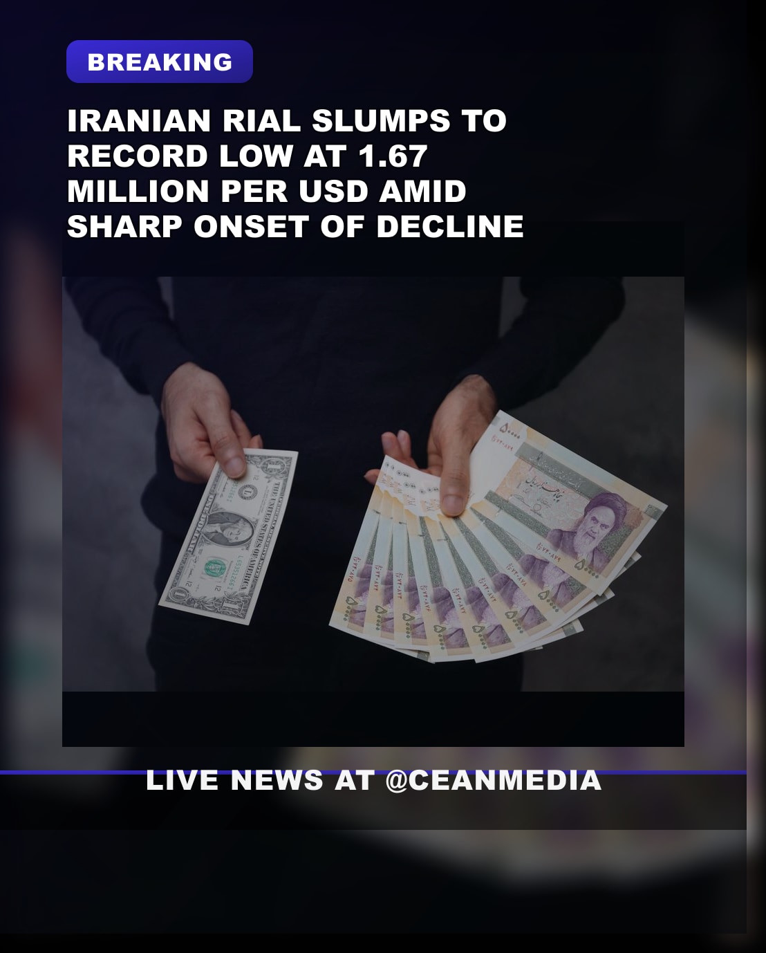 Illustrative photo for: Iranian Rial Hits Record Low of 1.67 Million Rials per