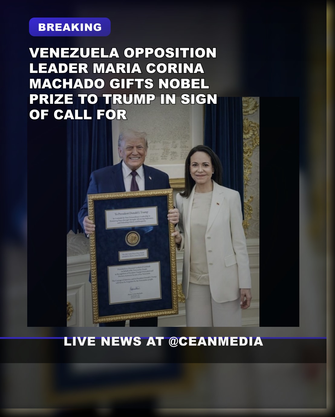 Illustrative photo for: Maria Corina Machado Venezuela Gifts Nobel Peace Prize to