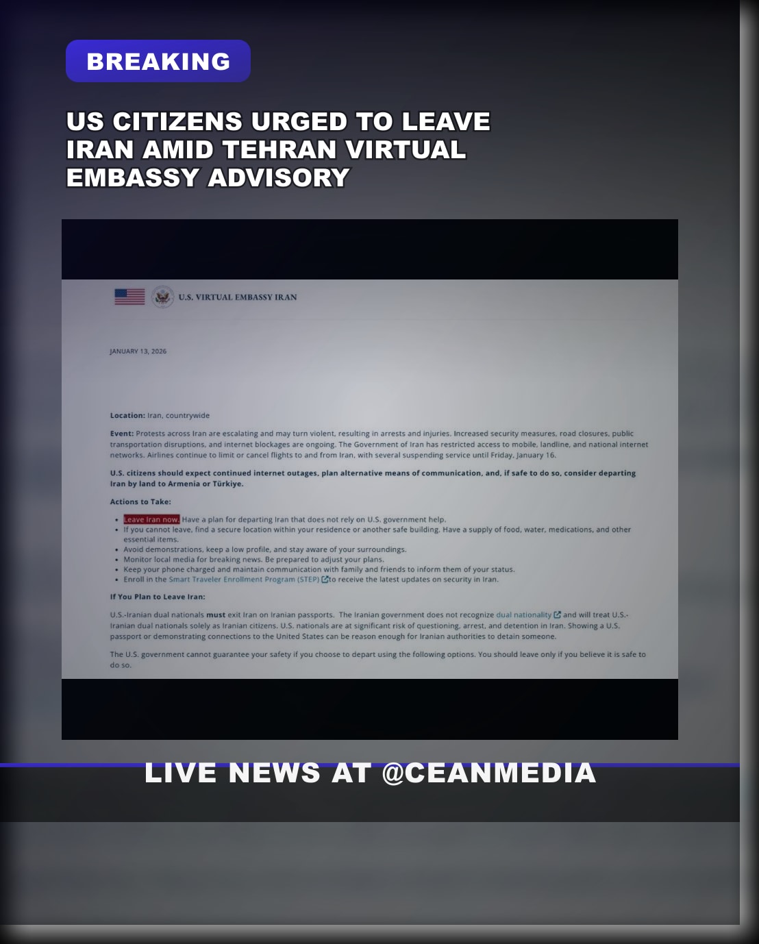 Illustrative photo for: US citizens Iran departure: Virtual Embassy Urges Immediate