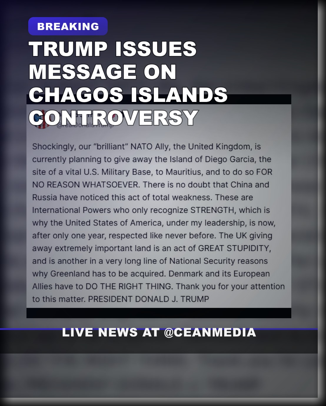 Illustrative photo for: Trump Chagos Islands message: Latest Statement on