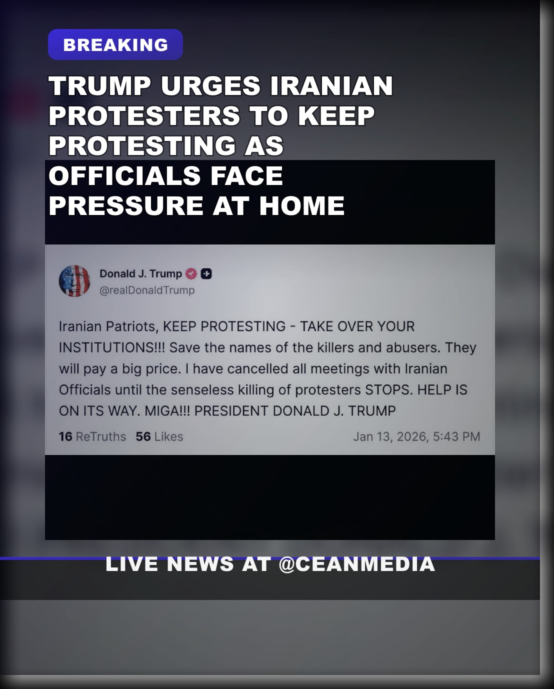 Illustrative photo for: Trump Iranian protesters message: Urges to Continue