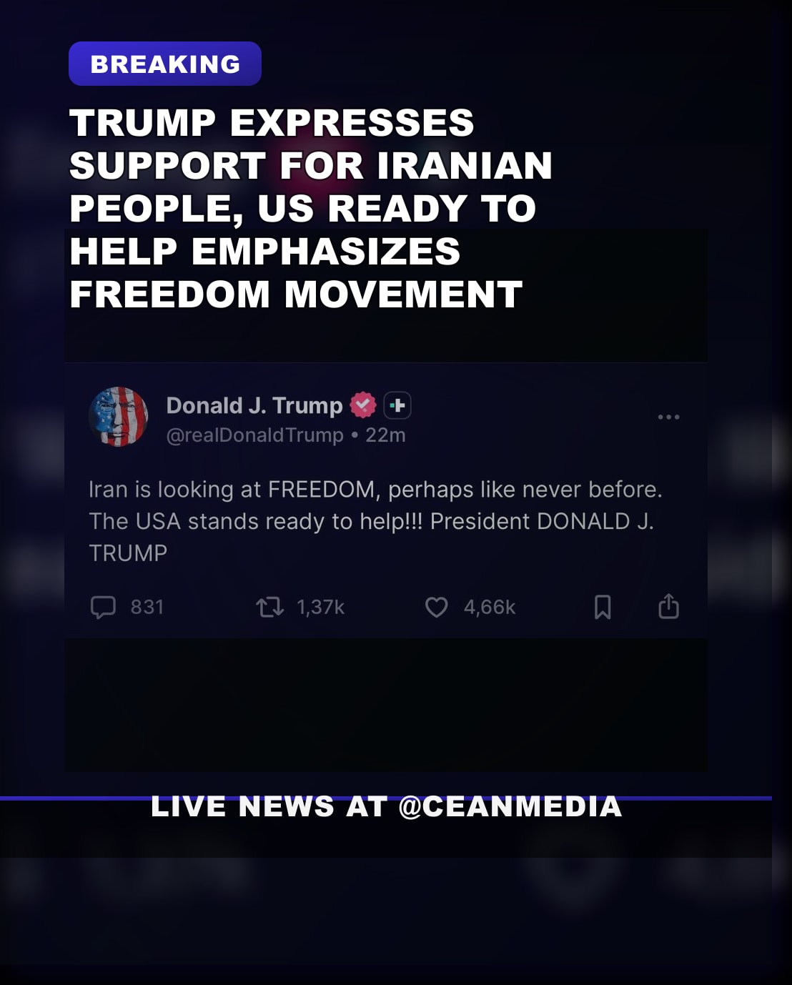 Illustrative photo for: Breaking: Trump Iranian support freedom as U.S. pledges aid