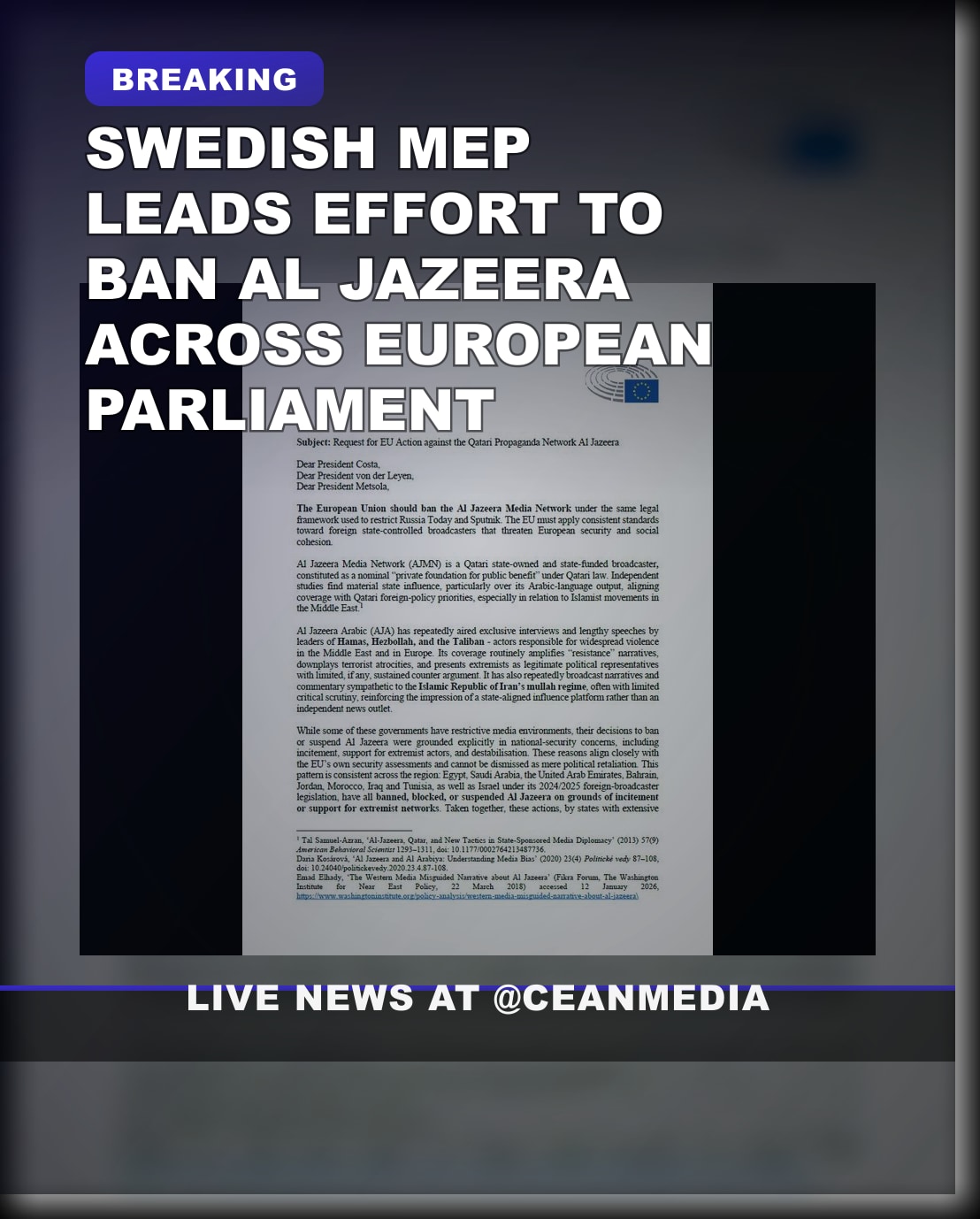 Illustrative photo for: Swedish MEP Calls for Ban on Al Jazeera Propaganda Channel