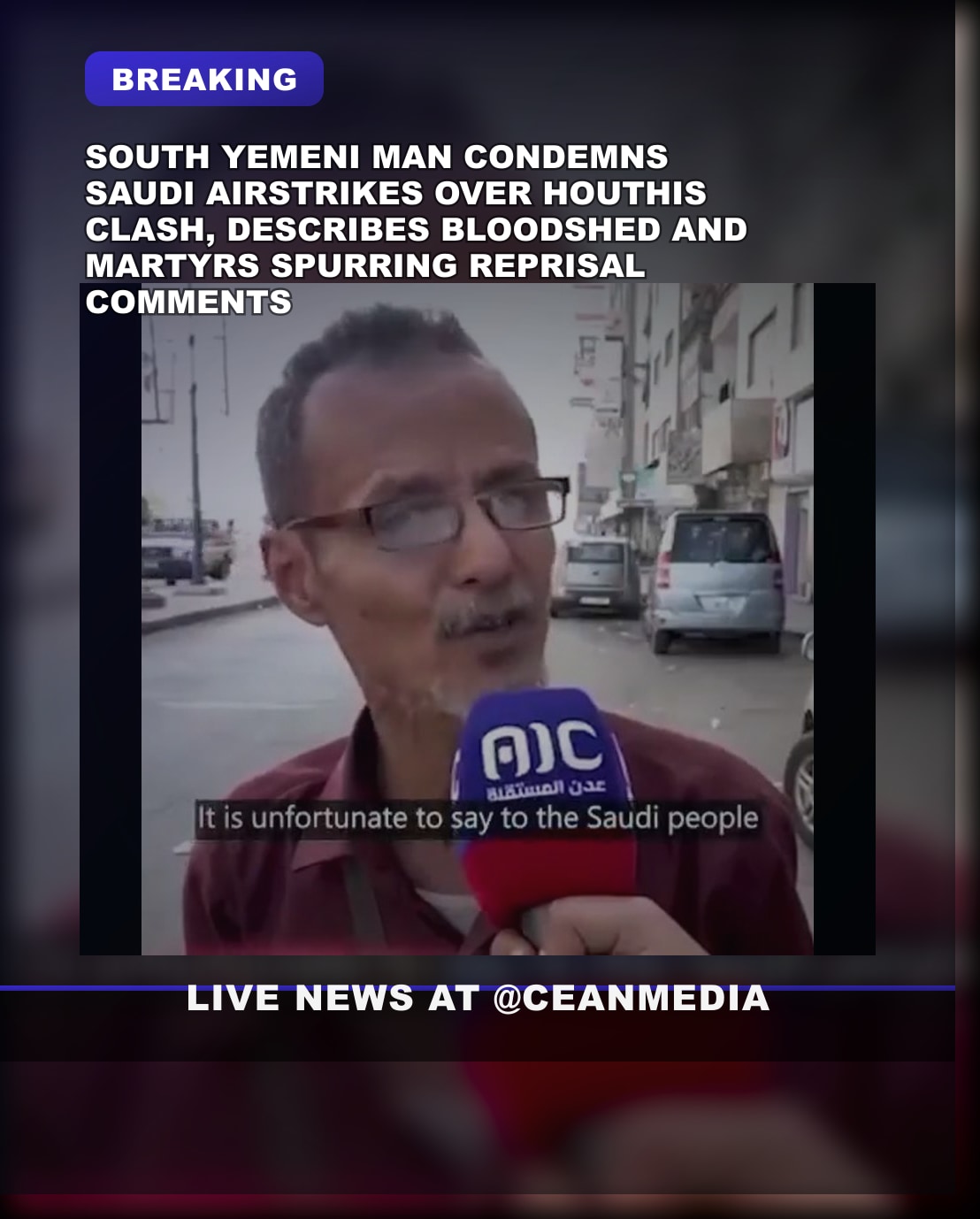 Illustrative photo for: South Yemen Man Condemns Saudi Airstrikes Amid Battle