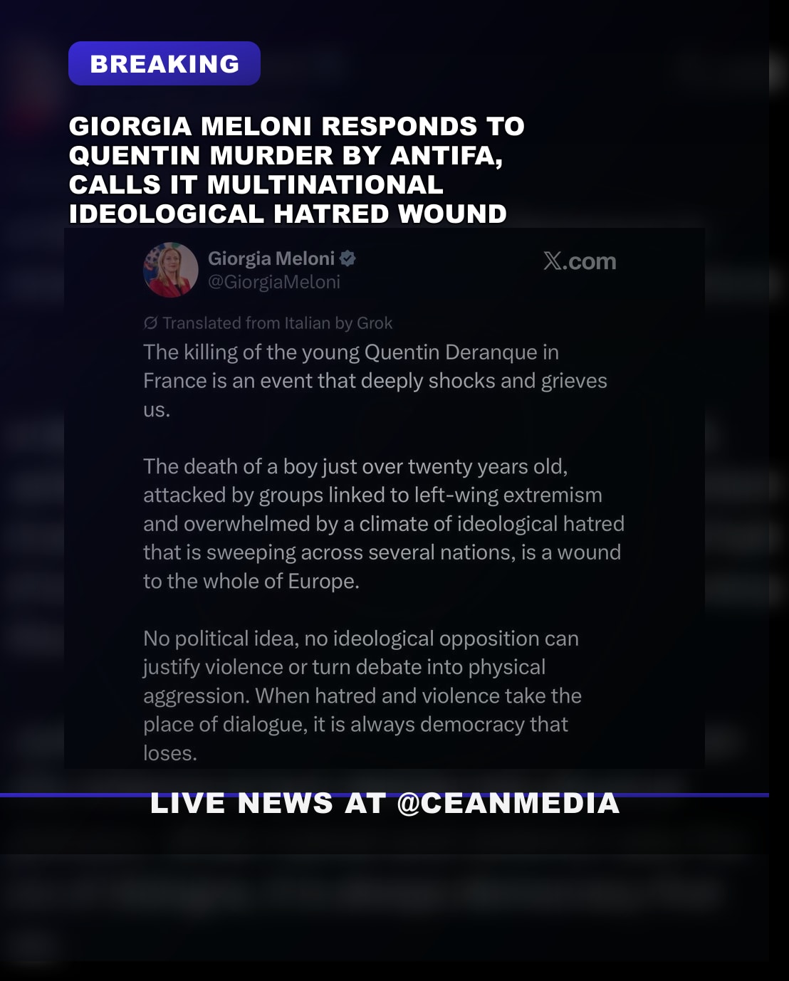 Illustrative photo for: Meloni quote on murder antisocial ideologies condemns