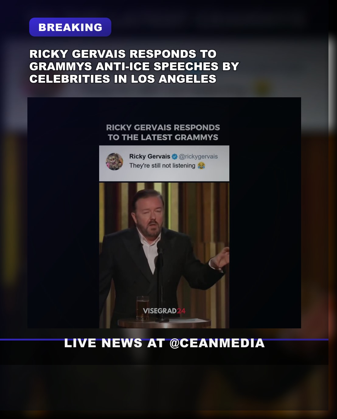 Illustrative photo for: Ricky Gervais Grammys response to Celebrity Political