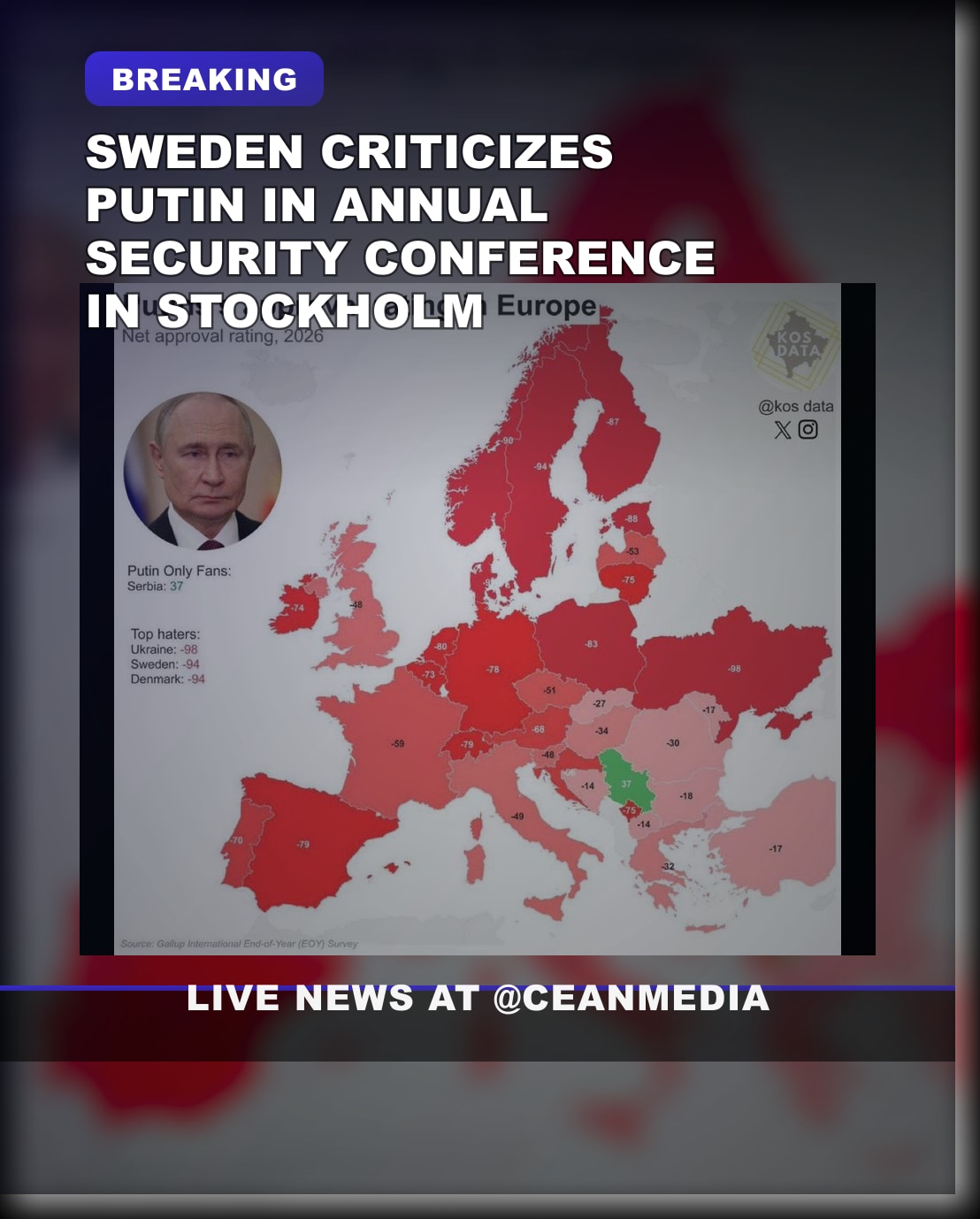 Illustrative photo for: Swedes dislike Putin as Sweden shows strong disapproval