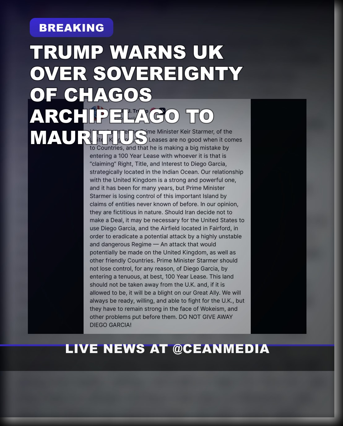 Illustrative photo for: Chagos sovereignty message UK: Trump warns on Mauritius
