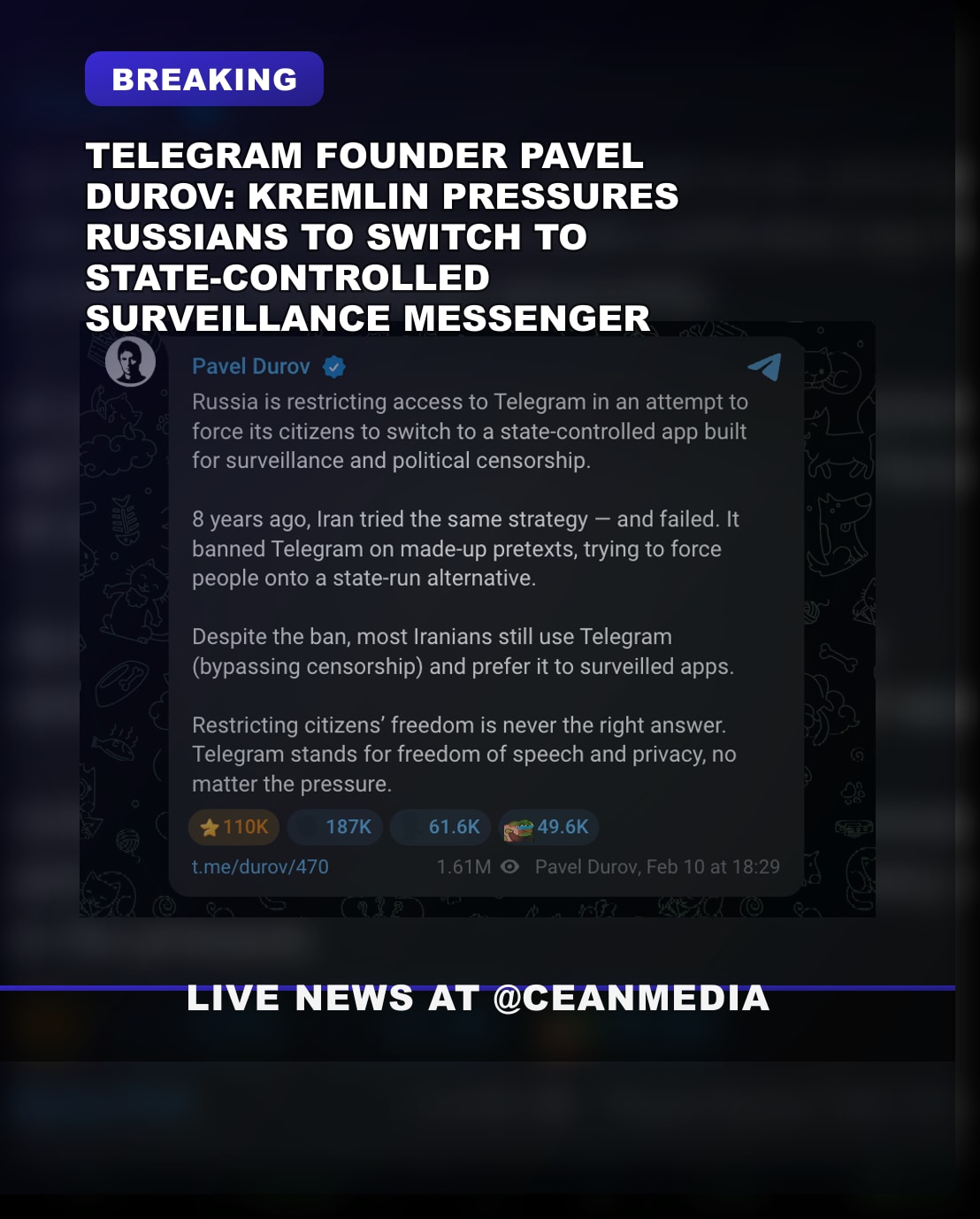 Illustrative photo for: Telegram censorship Russia surveillance: Durov warns