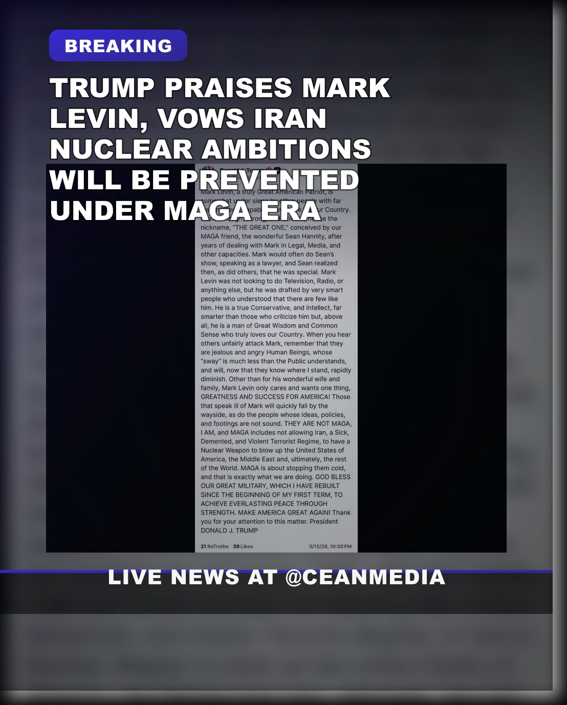 Illustrative photo for: Trump praises Levin MAGA nuclear Iran stance