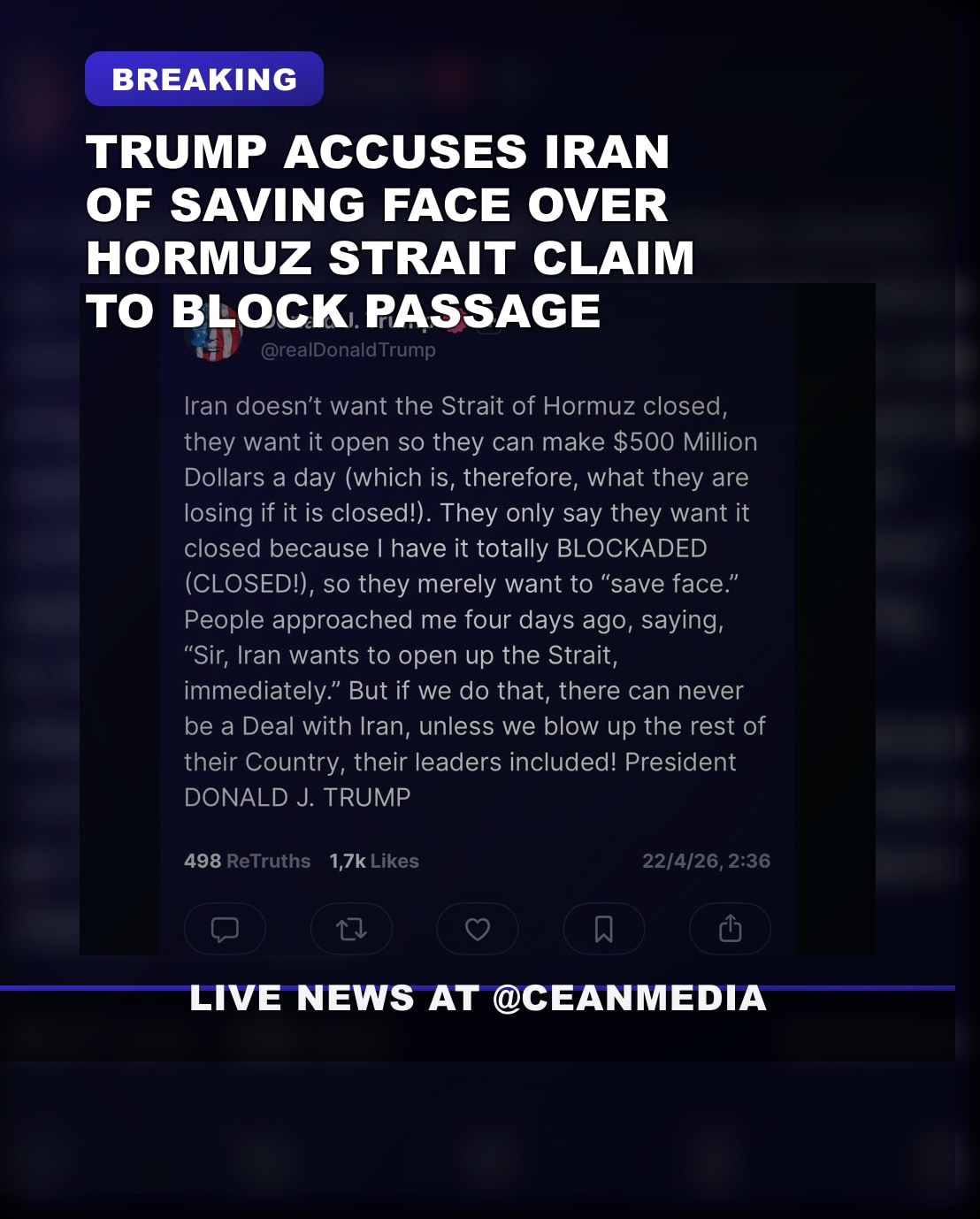 Illustrative photo for: Trump Hormuz Strait message Iran face-saving claims