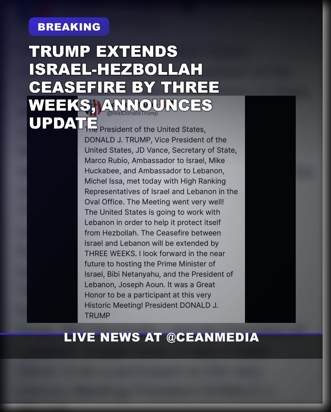 Illustrative photo for: Ceasefire extension weeks Israel Hezbollah: Trump extends