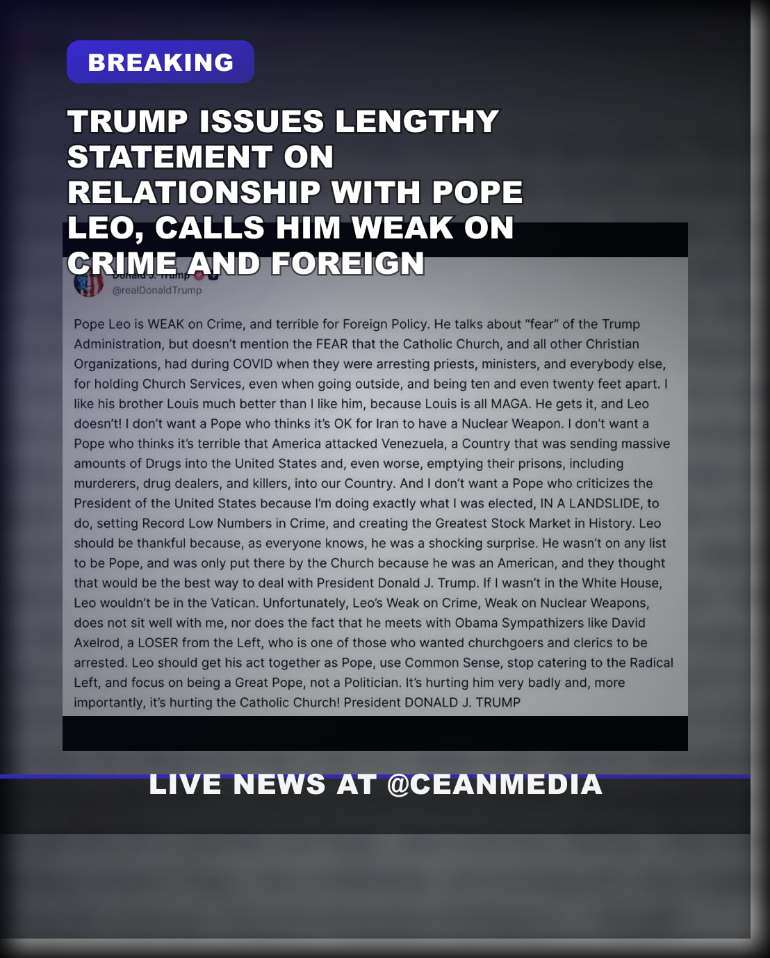 Illustrative photo for: Trump Pope Leo remarks: Trump Defends Ties to Pope Leo,