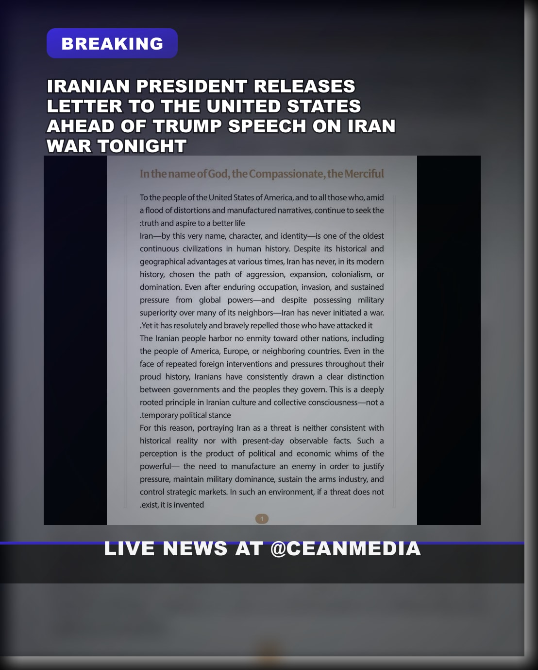 Illustrative photo for: Iran War speech letter release: Iran cites compassionate