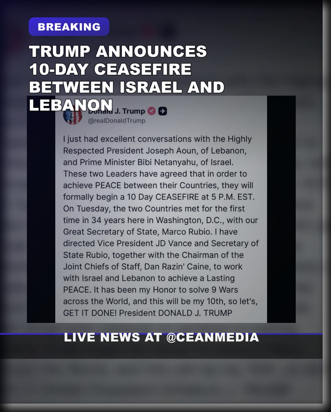 Illustrative photo for: Ceasefire announcement Trump Israel Lebanon: 10 days?