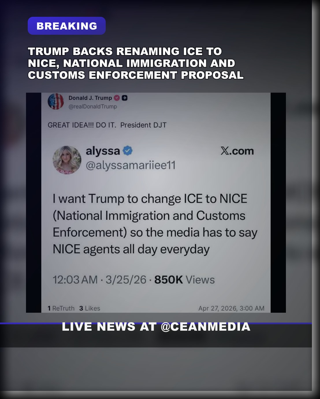 Illustrative photo for: Trump backs renaming ICE to NICE amid political naming
