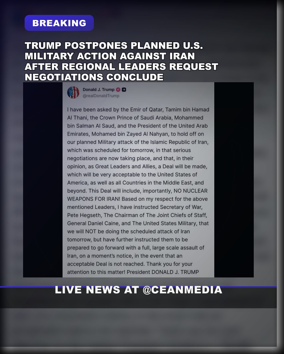 Illustrative photo for: Trump postpones Iran military action negotiations
