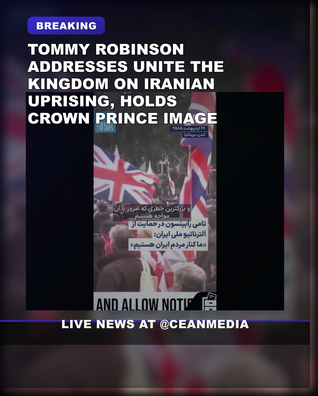 Illustrative photo for: Tommy Robinson Praises Iranian resistance oppression speech