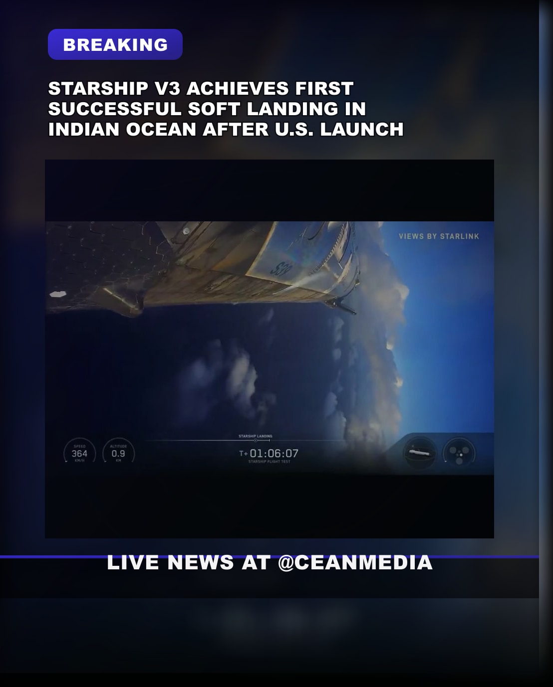 Illustrative photo for: Starship V3 soft landing Achieved in Indian Ocean After