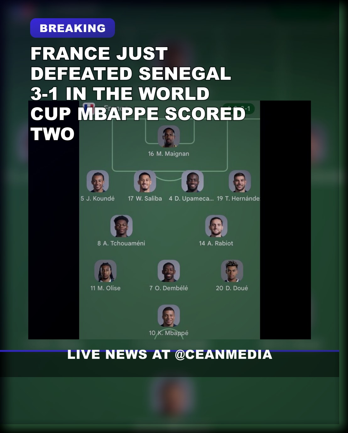 Illustrative photo for: France just defeated Senegal 3-1 in the World Cup Mbappe