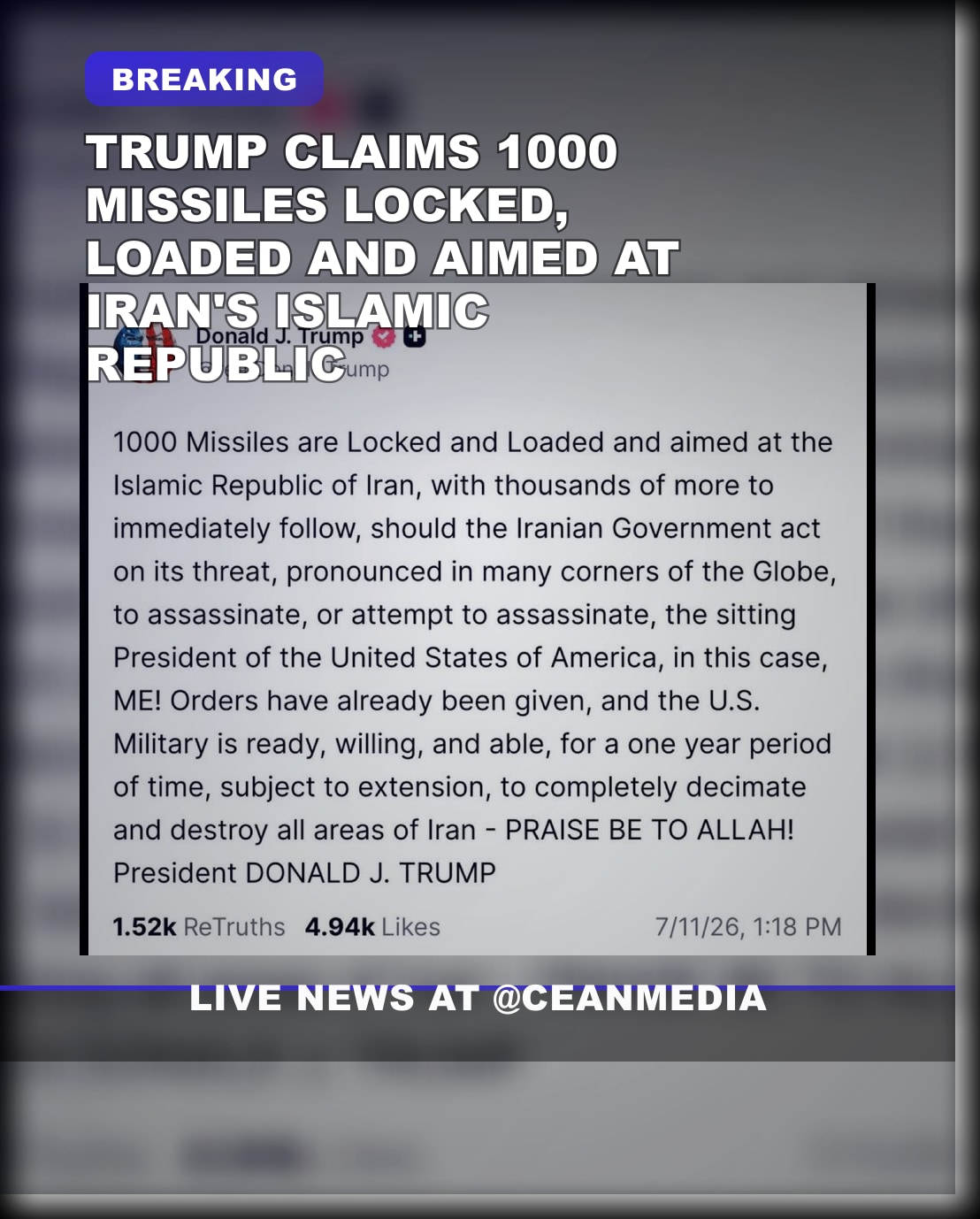 Illustrative photo for: Trump missile threat Iran: Trump claims 1,000 missiles